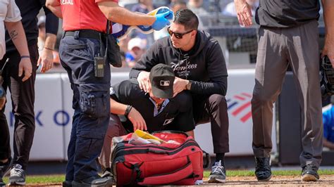Umpire Nick Mahrley suffers concussion from broken bat .